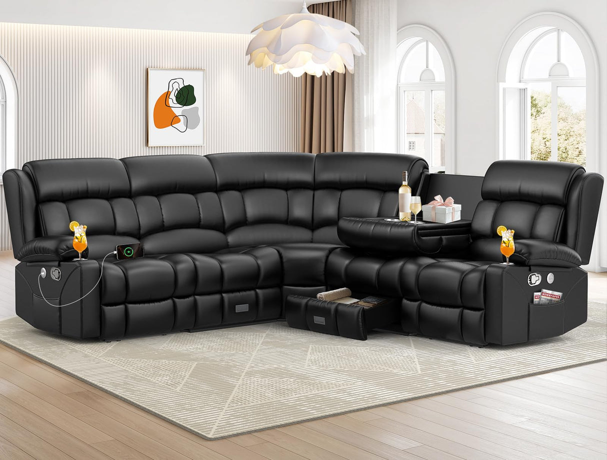Dresegmt Recliner Sectional Sofa, 5 Seat L-Shaped Manual Reclining with Flip Middle Backrest Design, Large Storage Drawer, USB Ports, Recliner Sofa Couch for Home Theater Seating (Black) Dresegmt
