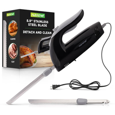 NutriChef Upgraded Premium Electric Knife - 8.9" Carving Knife, Serrated Blades, Lightweight, Ergonomic Design Easy Grip, Easy Blade Removal, Great For Thanksgiving, Meat & Cheese, Black - PKELKN8