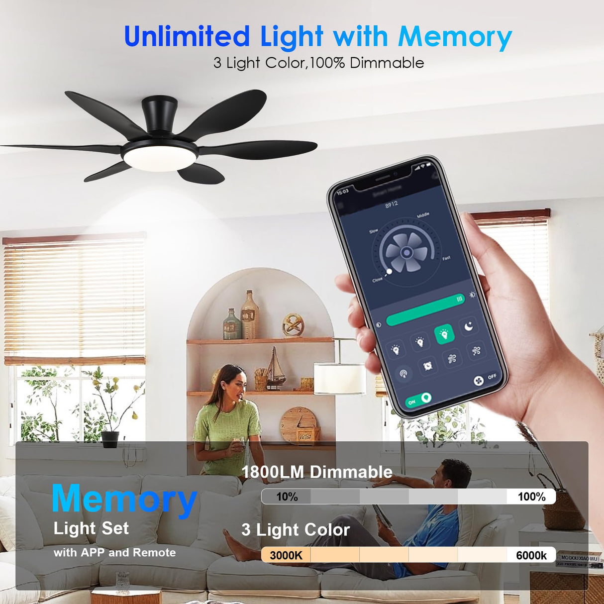 Ceiling Fans with Lights, 51 inch Modern Black Low Profile Ceiling Fan with Light and Remote App Control, Flush Mount, Quiet DC Reversible, Dim Led Ceiling Fan 6 Blade Softer Wind Indoor/Outdoor Patio BayDay