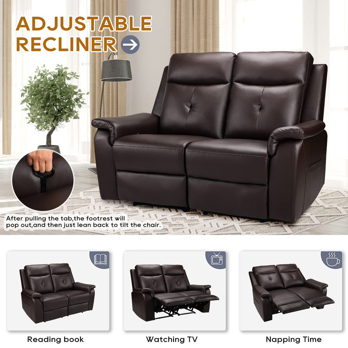 B BAIJIAWEI PU Leather Reclining Sofa - Manual Double Recliner Loveseat with Massage & Heating - 2-Seater Home Theater Seating for Living Room, Reading Room, Bedroom (Brown) B BAIJIAWEI