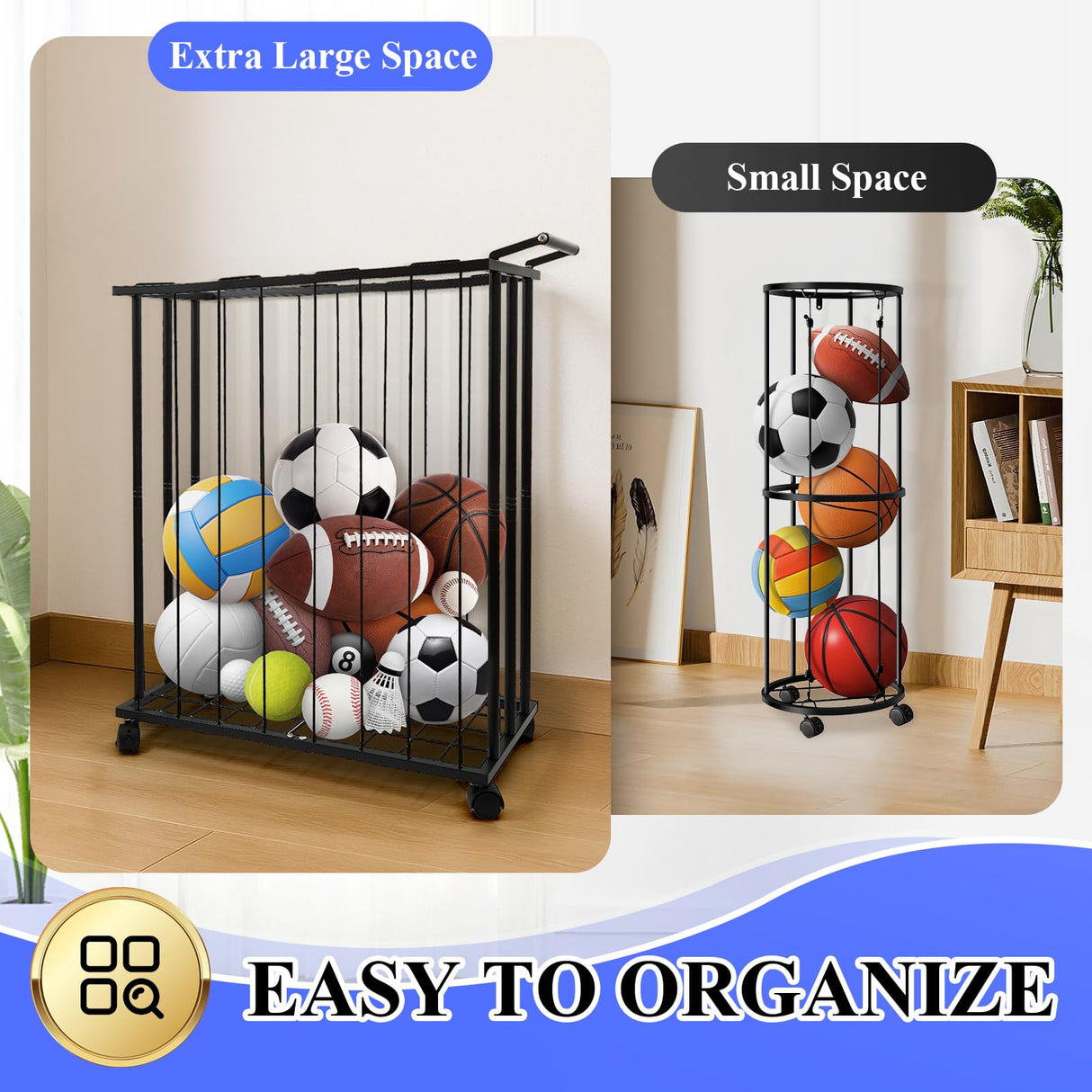 URMMIY Large Garage Ball Storage Rack with Wheels–Rolling Sports Equipment Organizer Freestanding Ball Holder for Basketball Soccer Volleyball Football–Sports Ball Storage for Garage Gym School Home URMMIY
