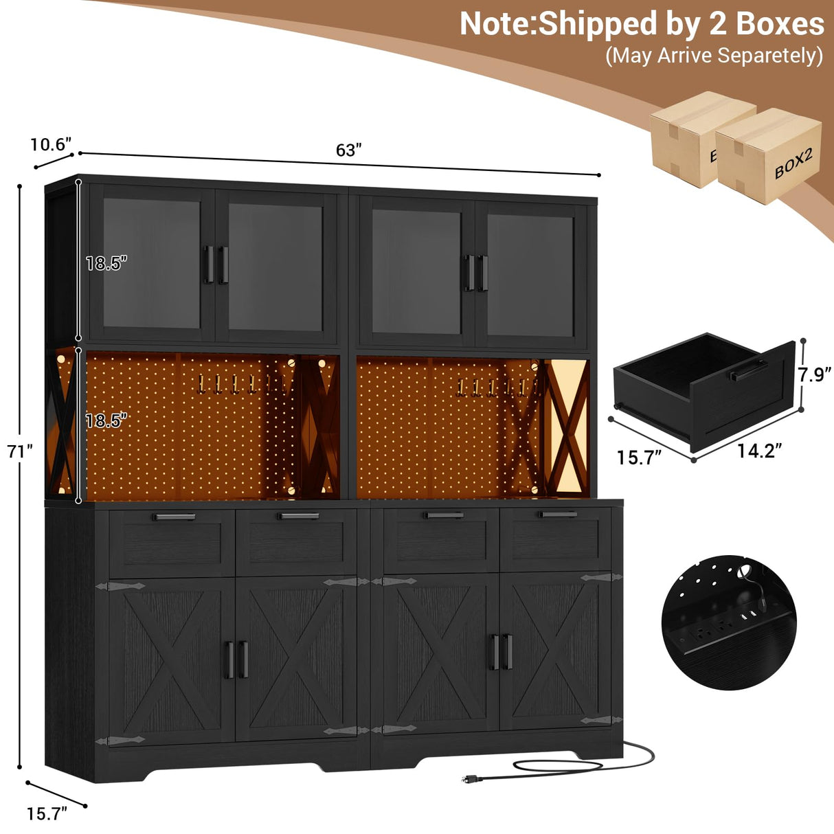 Unikito 71" Tall Kitchen Pantry Storage Cabinet with LED Light & Outlet, 63" Wide Kitchen Hutch Cabinet with Large Countertop, DIY Pegboard and Drawers, Farmhouse Food Pantry for Living Room, Black Unikito