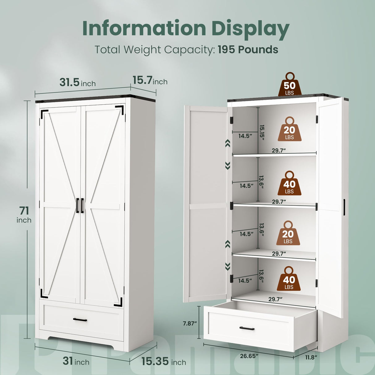 Pamapic Farmhouse Kitchen Pantry Cabinet - 71" Tall Wooden Storage Cabinets with 2 Barn Doors, Versatile Storage Cabinet with Shelves & Drawers for Dining Room, Bathroom,White Pamapic