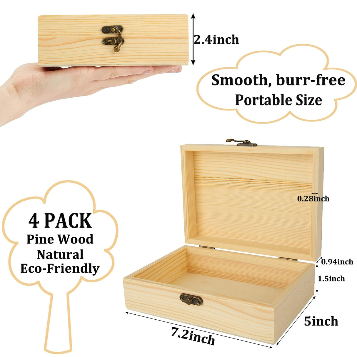 Acrux7 4 Pack Unfinished Wood Boxes, 7.2 Inch Unpainted Wooden Box with Hinged Lid, Small Plain Pine Wood Storage Boxes for Crafts, DIY, Jewelry, Keepsake (7.2x5x2.5 Inch) Acrux7