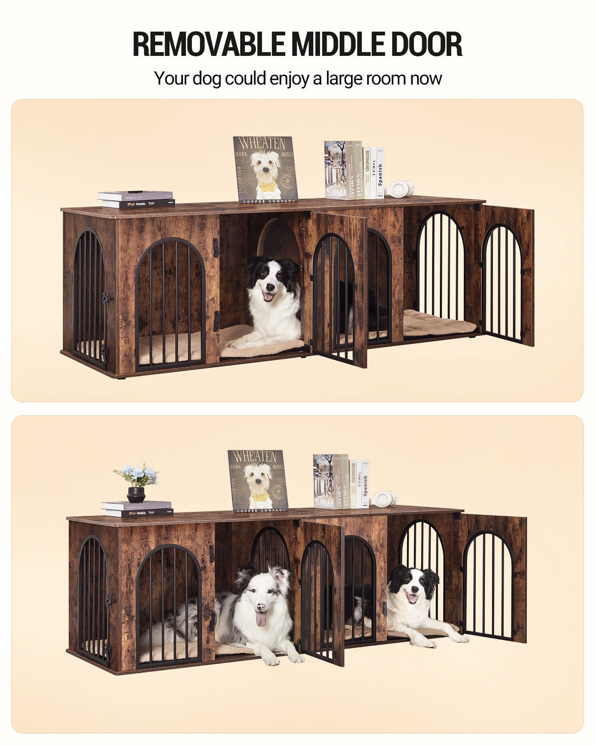 Hzuaneri 71" Dog Crate Furniture for 2 Dogs, Heavy Duty Indoor Dog Kennel TV Stand, XXL Wooden Dog Cage with Divider for Medium Large Dogs, End Table Dog Crate with Cushion, Rustic Brown DFC81901B Hzuaneri