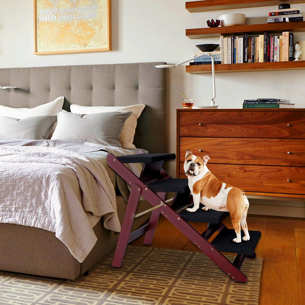 BRIKY Wooden Dog Stairs/Steps - Foldable 4 Steps Dog Steps for High Bed Couch Cars, Non-Slip Pet Stairs for Small Large Medium Dogs and Cats, No Assembly Required BRIKY