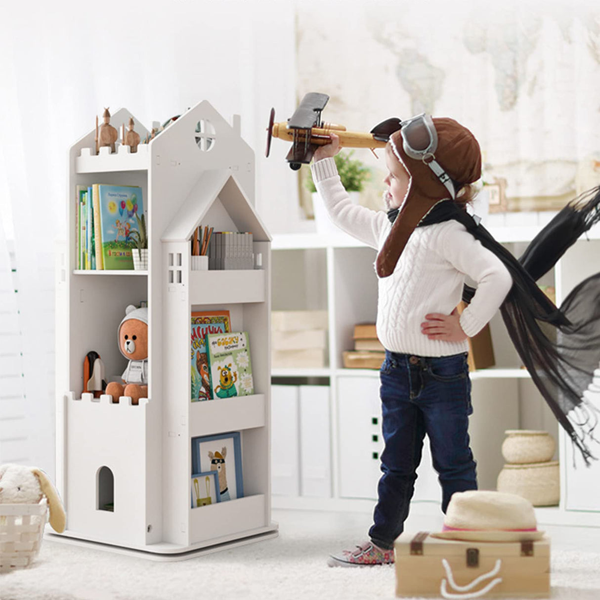 Multi-Functional 360° Rotating Children's Bookshelf - White Floor Stand Storage Rack oxskk