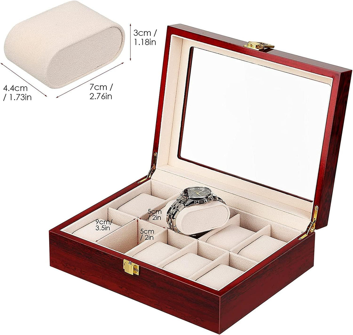 Uten Watch Box, 10 Slots Wooden Watch Case with Removable Watch Pillow, Metal Clasp Watch Display, Watch Box Organizer for Men and Women Uten