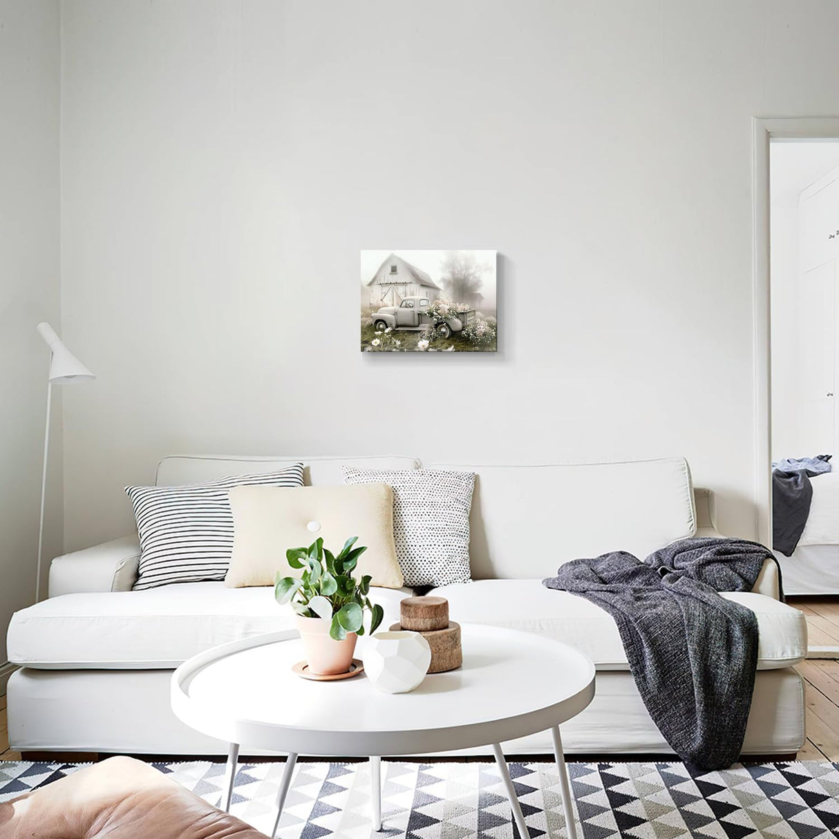 gaosoul Rustic Farmhouse Barn Canvas Wall Art Framed Misty Countryside Field Landscape Painting Rusty Old Truck Loaded With Flowers Picture Prints for Bedroom Living Room Office Decor 16x12in gaosoul