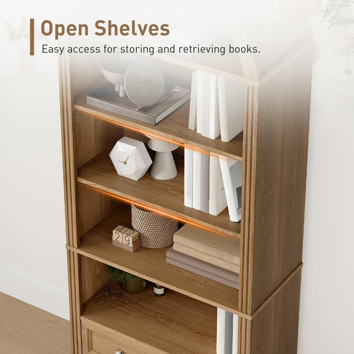 RALGEND Farmhouse Arched Bookshelf, 7 Tiers Arch Bookcase with 2 Spacious Drawers, Modern Book Shelf with Open Display Shelves and Storage Cabinet, for Office, Living Room, Kitchen, Walnut RALGEND