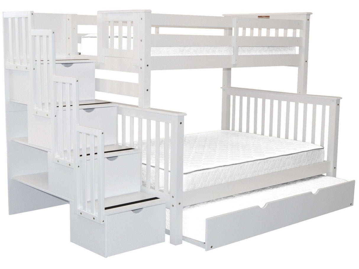 Bedz King Stairway Bunk Beds Twin over Full with 4 Drawers in the Steps and a Full Trundle, White Bedz King