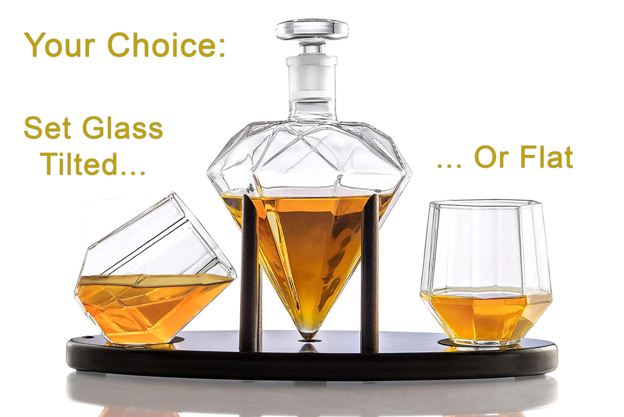 Whiskey Decanter Diamond shaped With 2 Diamond Glasses & Mahogany Wooden Holder – Elegant Handcrafted Crafted Glass Decanter For Liquor, Scotch, Rum, Bourbon, Vodka, Tequila – Great Gift Idea – 750ml RUGLUSH