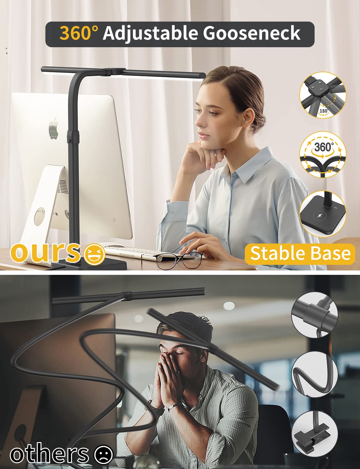 AKRRYR LED Desk Lamp for Home Office, Double Head 24W with USB Charging Port & Wireless Charger, Architect Light 5 Lighting Brightness Flexible Gooseneck Table Reading Study, Black AKRRYR