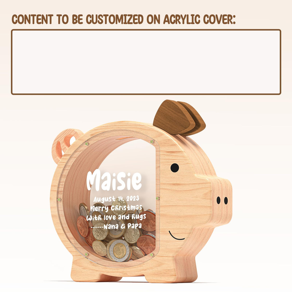 Summidate Custom Wooden Piggy Bank for Kids Boys Girls, Large Unbreakable Bills Coin Money Saving Box, Personalized Children Birthday Gift, Nursery summidate