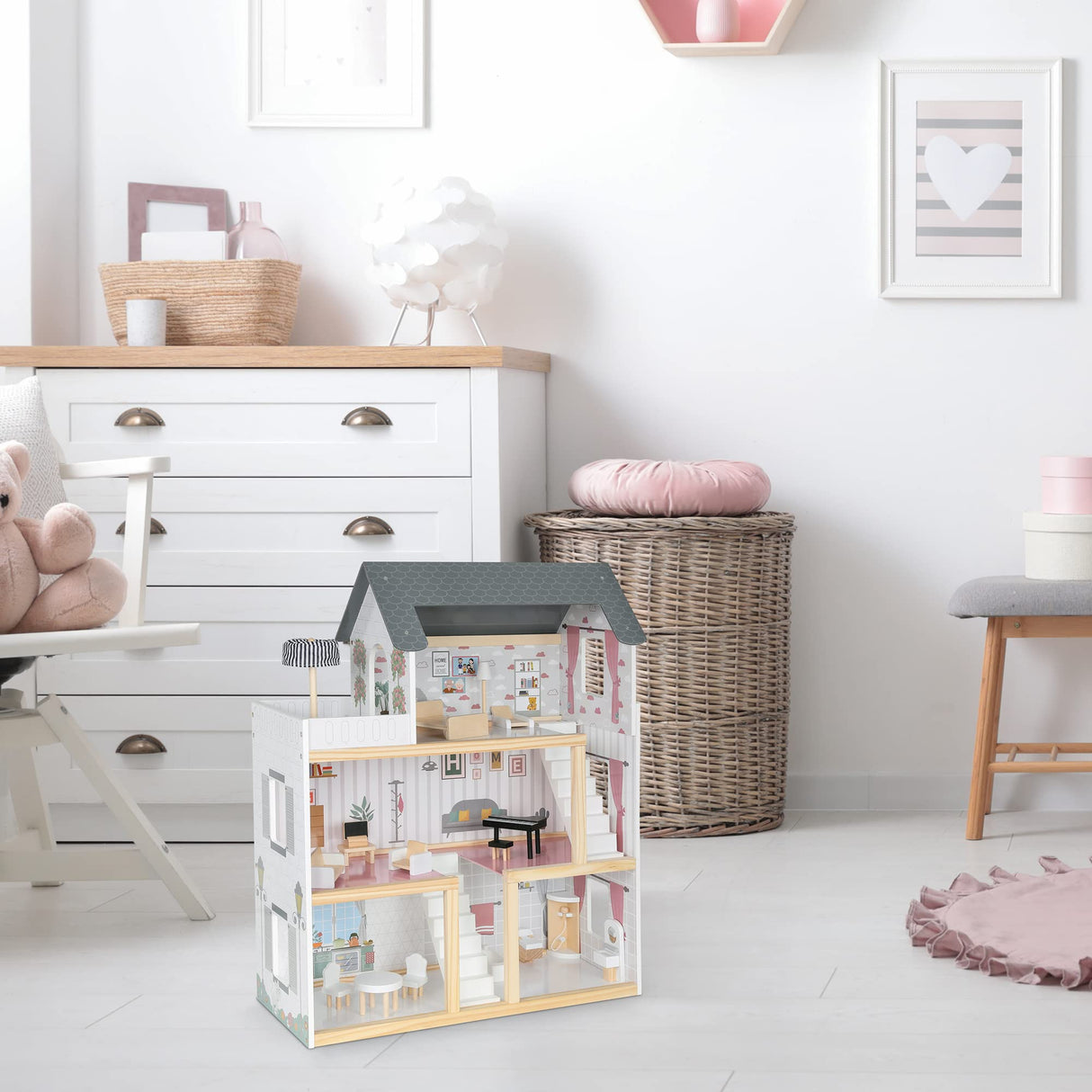 Lil' Jumbl Jumbl Kids Wooden Dollhouse, 17-Piece Accessories & Furniture are Included, with Balcony & Stairs, 3 Story Easy to Assemble Doll House Toy Lil' Jumbl