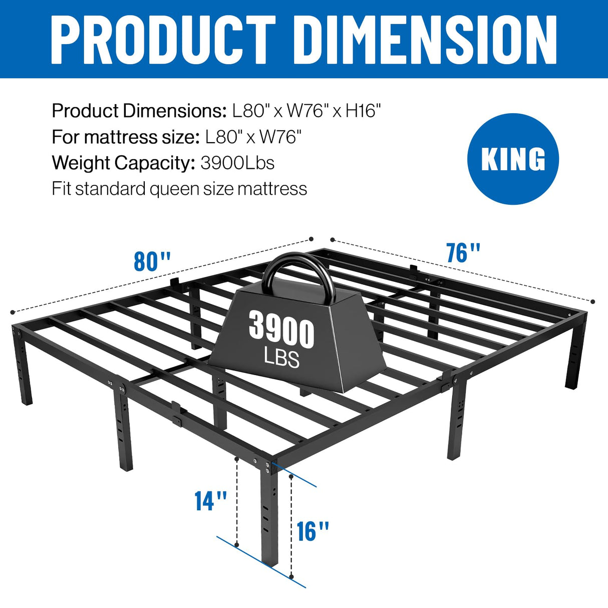 DOFIMATE 16-Inch High King Size Metal Bed Frame with Storage and Headboard, 3900LBS Capacity, No Box Spring Needed DOFIMATE