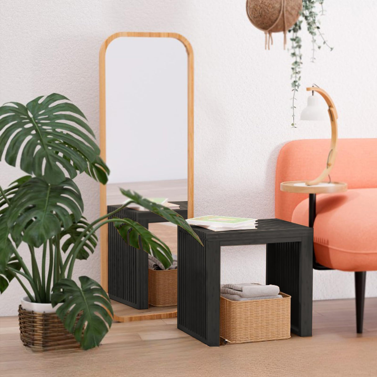 APRTAT Bamboo Dining Bench Indoor Small Benches Entryway Shoe Rack Benchs,Outdoor Modern Wood Benches 17 Inch Bamboo Bench for Living Room Hallway Bedroom Bathroom Black Small APRTAT