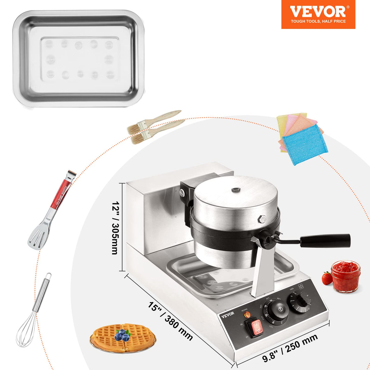VEVOR Commercial Waffle Maker, 1300W Round Waffle Iron, Non-Stick Rotatable Waffle Baker Machine With 122-572℉ Temp Range and Time Control, Teflon-Coated Baking Pan Stainless Steel Body 120V VEVOR