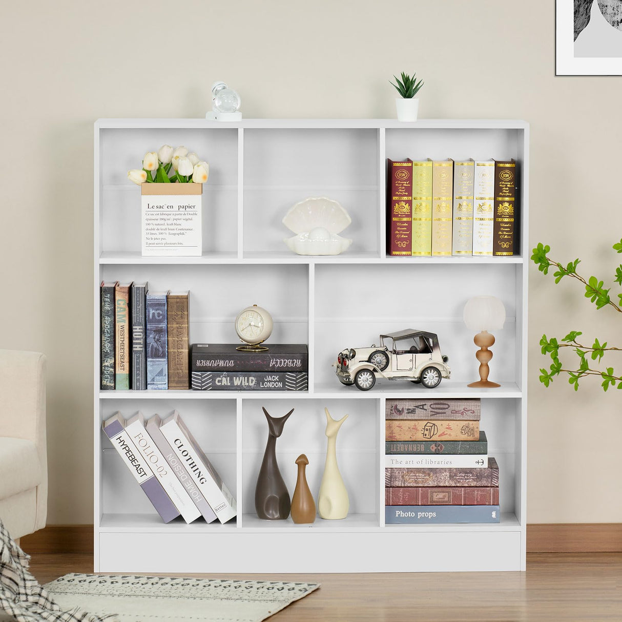 YAHARBO White 3 Tier Bookshelf,Wide Modern Horizontal Bookcase,Wood Low Book Shelf,Wide Display Storage Cabinet with Base,Floor Standing 8 Cube Large Bookcases Organizer for Bedroom,Living Room,Office YAHARBO
