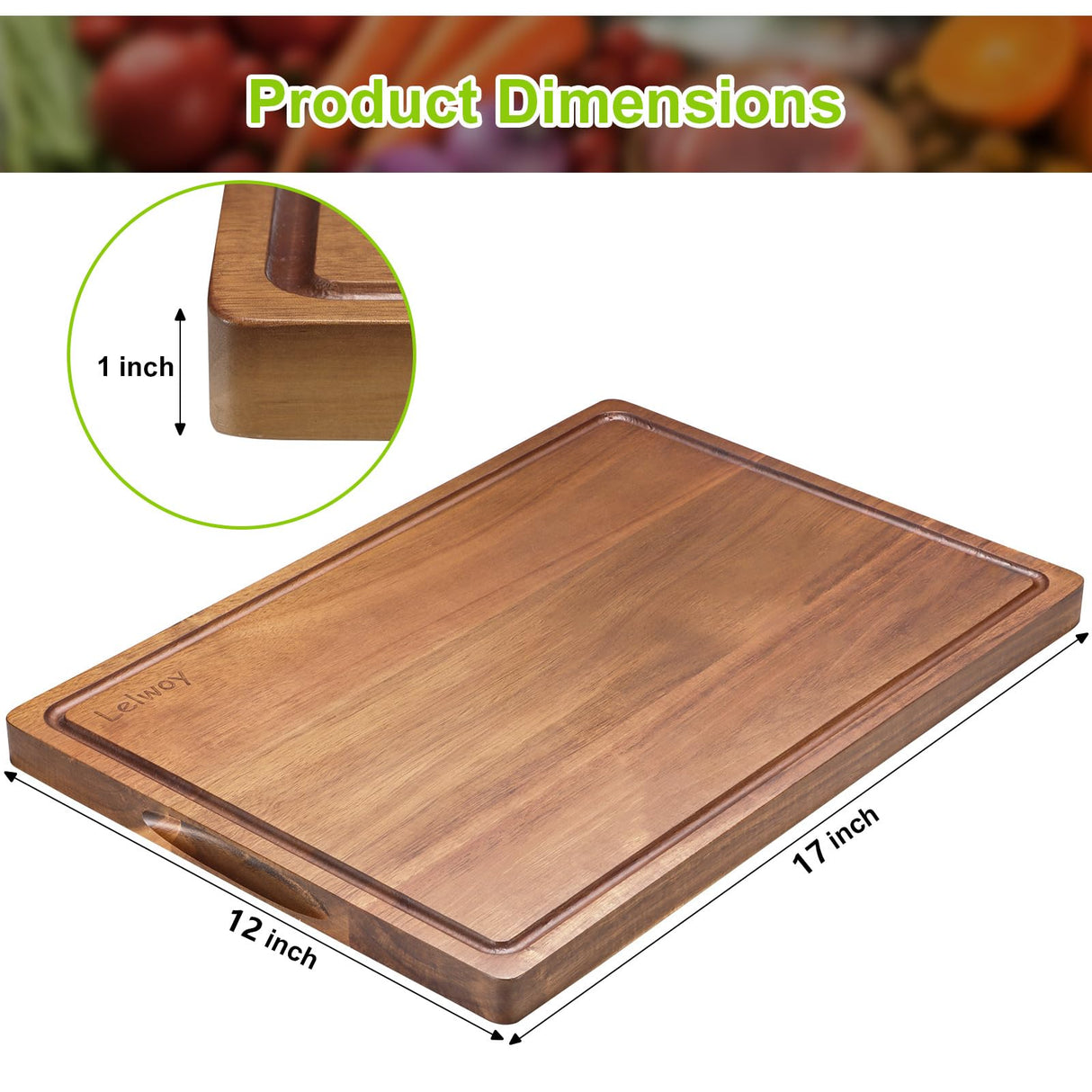 Wood Cutting Board for Kitchen, Large Wooden Thick Chopping Board with Juice Groove and Handles, Pre-Oiled Carving Tray for Meat & Cheese (17 x 12 inch) Lelwoy