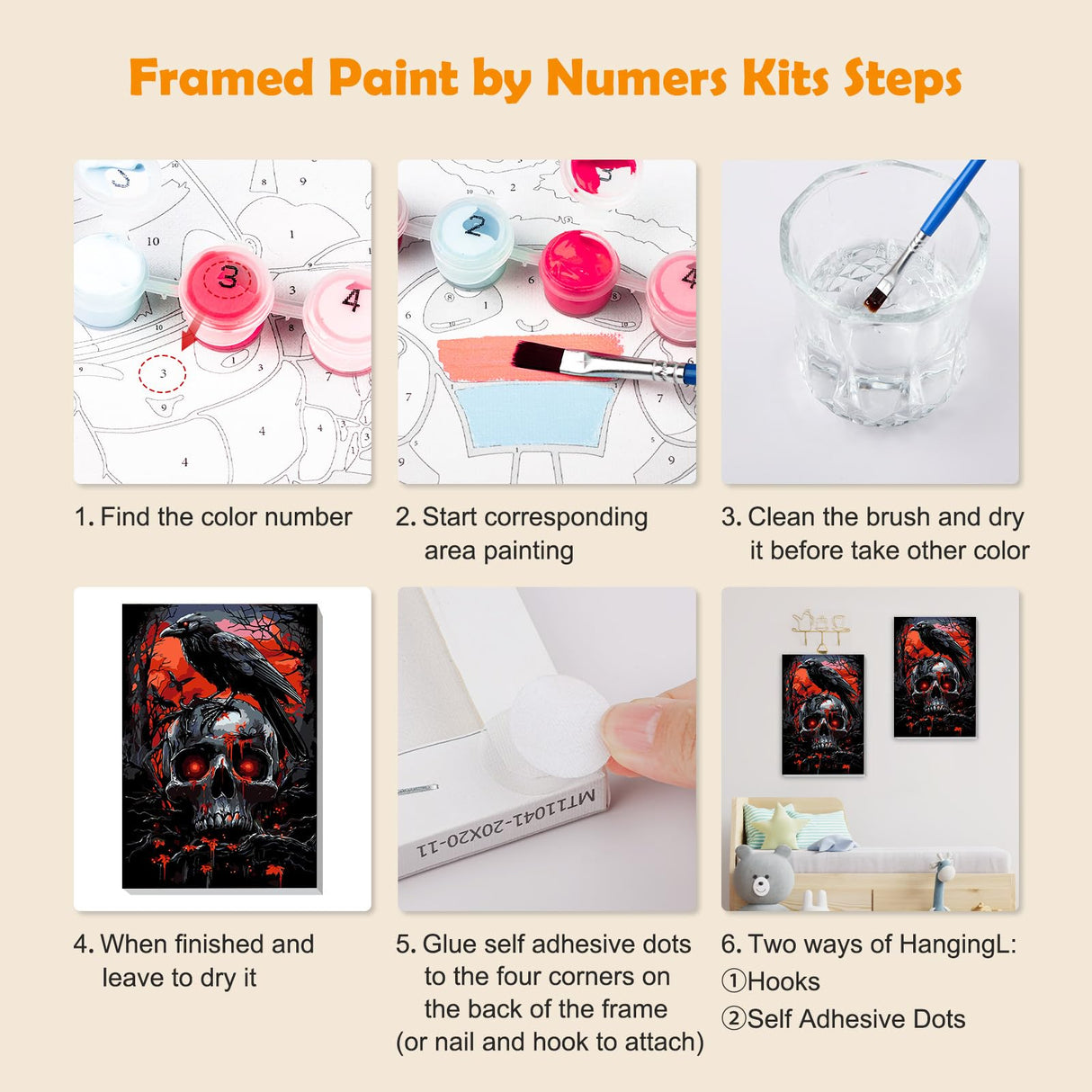 MOGTAA Halloween Paint by Numbers Kit for Adults Beginners with Frame, Skull Adult Paint by Number Kits on Canvas with Easel, Easy DIY Birds Oil Painting Kits for Home Decor, 8x12in MOGTAA