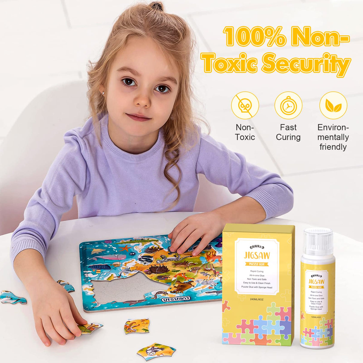 GHHKUD Jigsaw Puzzle Glue, 240ML Jigsaw Glue with Sponge Head, Non-Toxic and Quick Dry Puzzle Sealer for 4000/5000/6000 Pieces of Puzzle Jigsaw Accessories Glue Scrapper Included & Double-Sided Tape GHHKUD