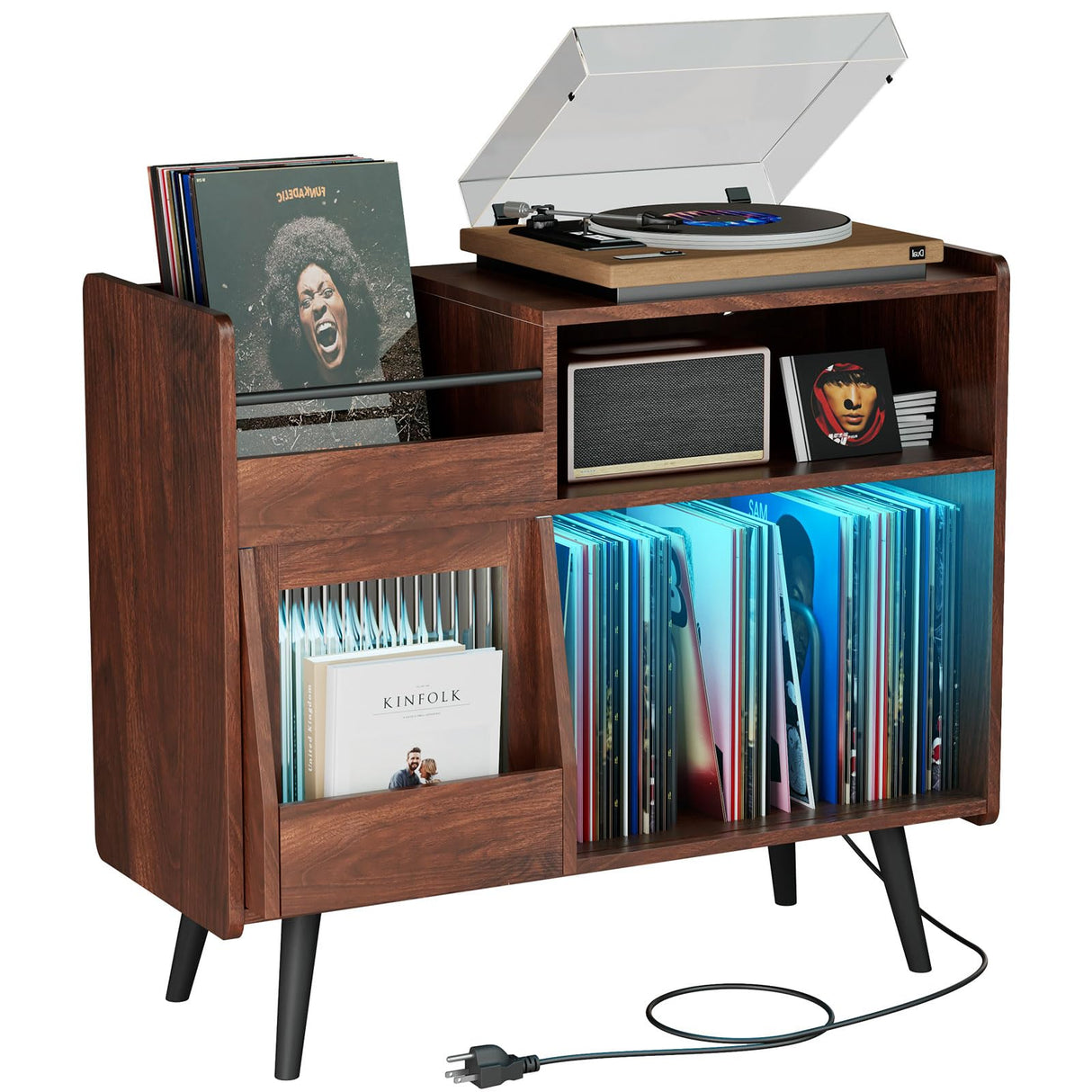 MULEJYBO Large Record Player Stand with Sliding Door,350 Vinyl Record Storage Cabinet, Record Player Table with Power Outlet and LED Light,Turntable Stand with Wood Legs for Living Room,Office MULEJYBO