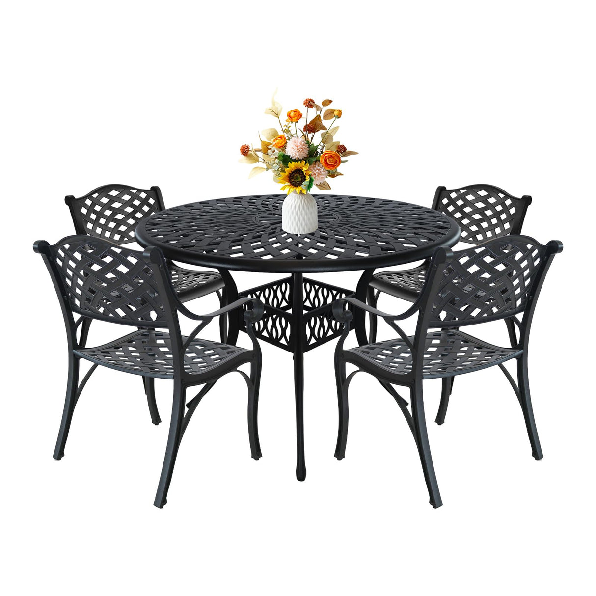 PATIO-IN 5 Piece Cast Aluminum Outdoor Dining Set, Outdoor Table and Chairs Set of 4, Patio Dining Set with 4 Chairs and 42" Round Table, Patio Conversation Set with 1.97" Umbrella Hole PATIO-IN
