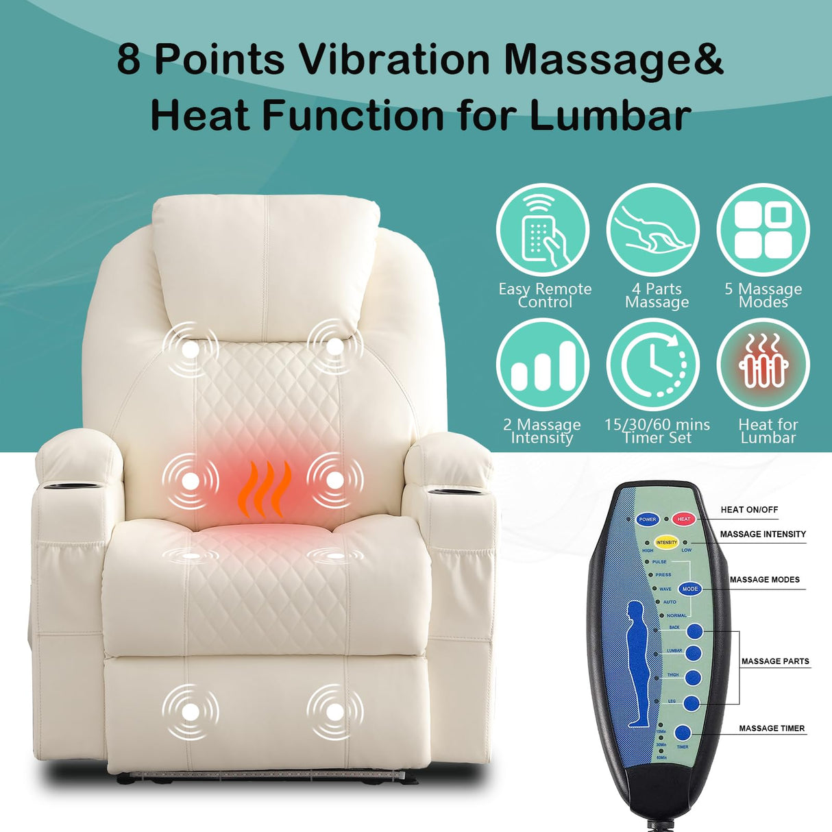 Power Recliner Chair with Heat and Massage for Adults - Home Theater Seating with LED Lights,Cup Holders,Side Pocket,USB Port - Recliner Sofa for Living Room (Beige, Single Recliner) WISHDEER