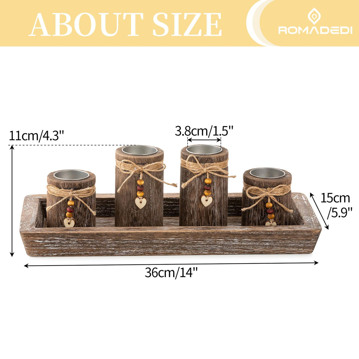 Farmhouse Coffee Table Decor Candle Holder - Romadedi Boho Wooden Tray with 4 Tealight Candles Holders for Tables Centerpiece Home Decorations Living Room Fireplace Kitchen Romadedi