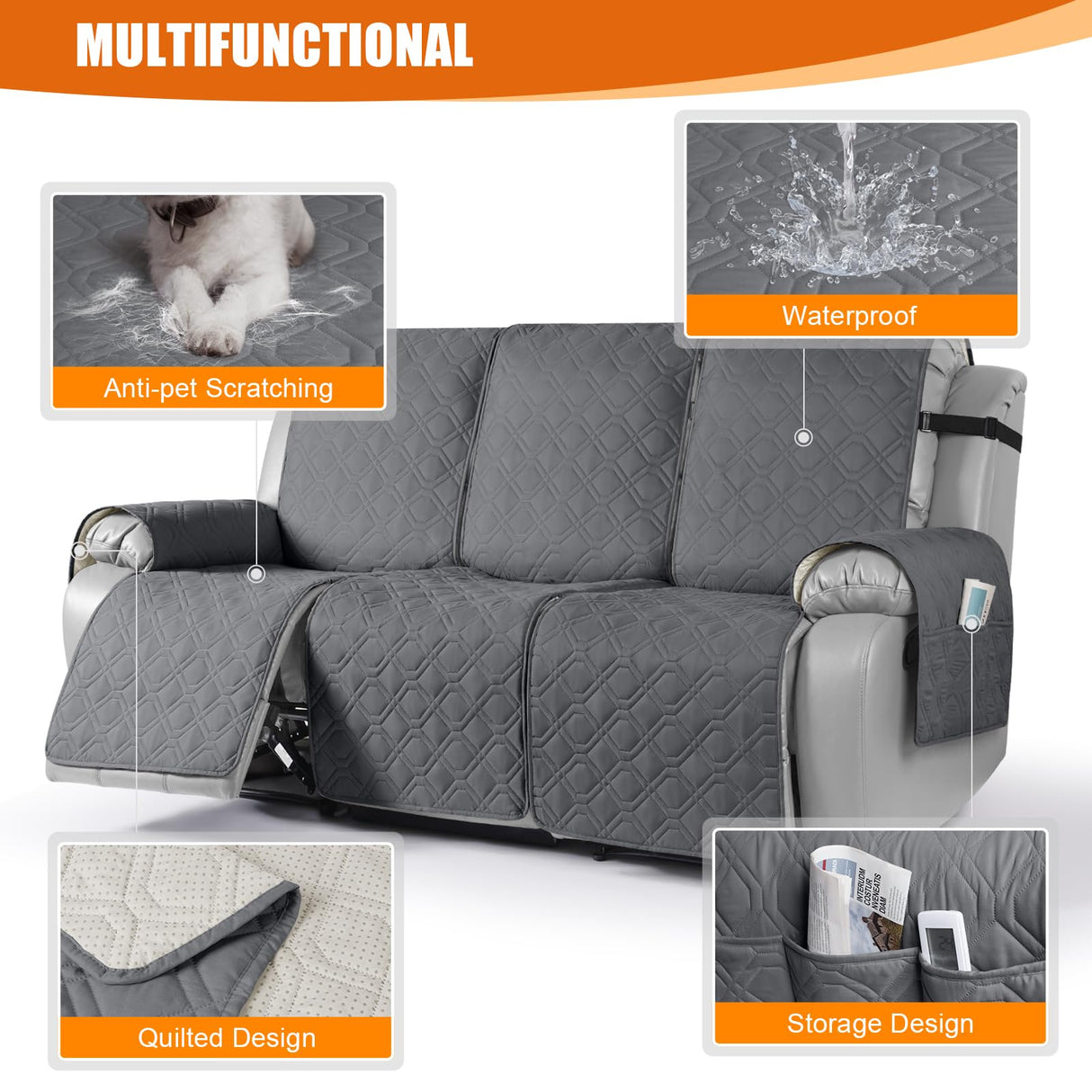 VANSOFY Waterproof Recliner Couch Covers, Sofa Covers 1-Piece Washable Reclining Sofa Cover Non-Slip Furniture Protector with Elastic Straps Pocket for Dogs, Pets(Dark Gray,3 Seater) VANSOFY