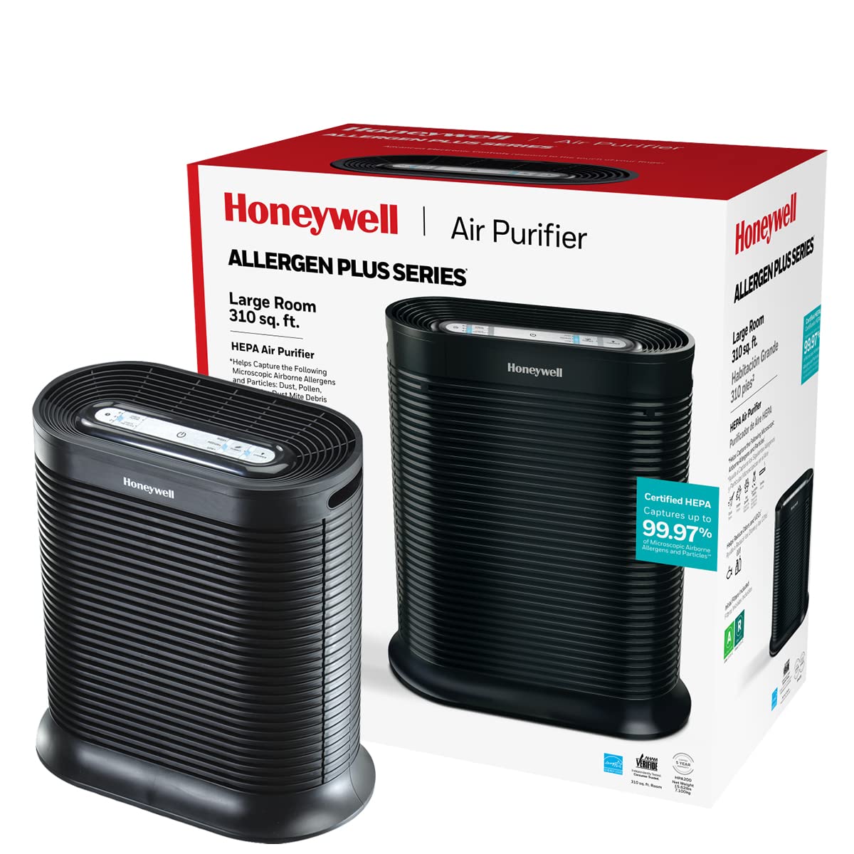 Honeywell AllergenPlus HEPA Air Purifier, Airborne Allergen Reducer for Large Rooms, Reduces Allergens, Smoke, Wildfire Smoke, Pollen, Pet Dander and More, Black, HPA200 Honeywell