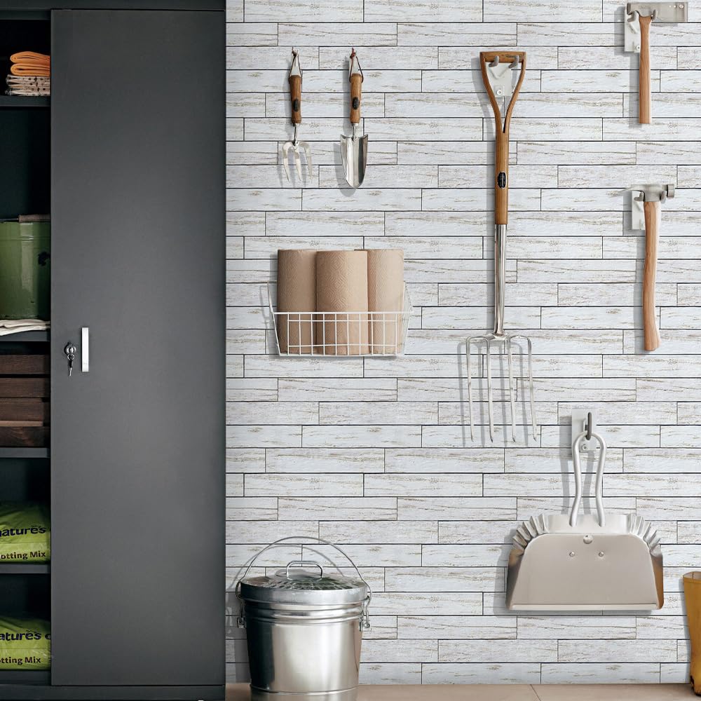 COMSTICKC 3D White Wood Wall Panels, Faux Wood Peel and Stick Shiplap Wall Panels,10 Pcs of 12"X12", Thin PVC White Wood Adhesive Fake Wood Backsplash,Paintable Decorative Tiles COMSTICKC