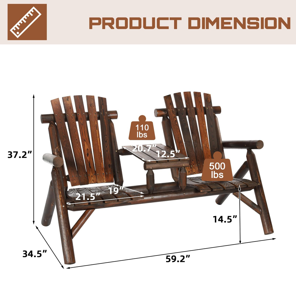 HOMEDIARY 2-Seat Wooden Adirondack Chair, Outdoor Log Patio Loveseat with Built-in Table, Patio Bench Fire Pit Chair Porch Furniture Conversation Set for Deck Lawn Pool Backyard, Carbonized HOMEDIARY