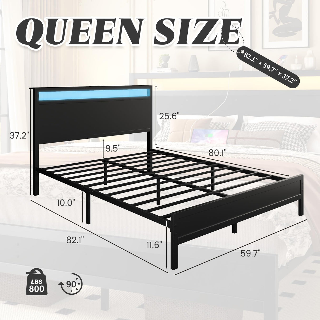 Fluest Queen Bed Frame with Headboard & Footboard, Bed Frame with Built-in Charging Station & LED Light, Storage Shelf, Noise-Free, No Box Spring Needed, Easy Assembly, Classic Black Fluest