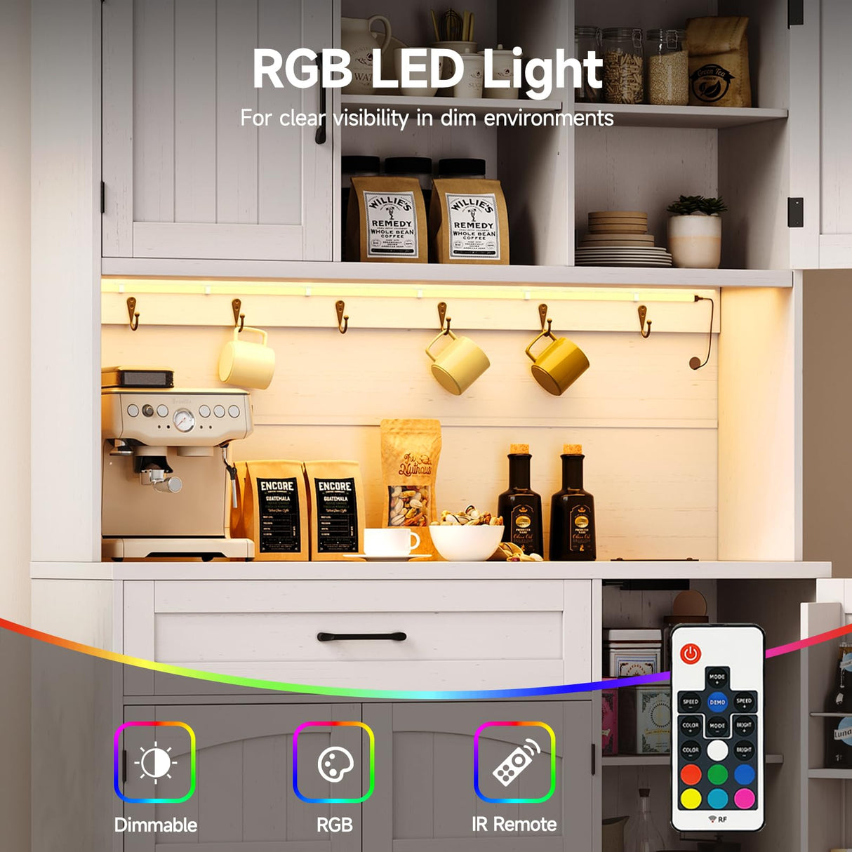 ONBRILL 71" Pantry Cabinet, Kitchen Pantry Storage Cabinet with LED Light & Outlet, Kitchen Hutch with Microwave Shelf & 6 Hooks, Door Shelves & Drawer & Adjustable Shelves, for Kitchen, Dining Room ONBRILL