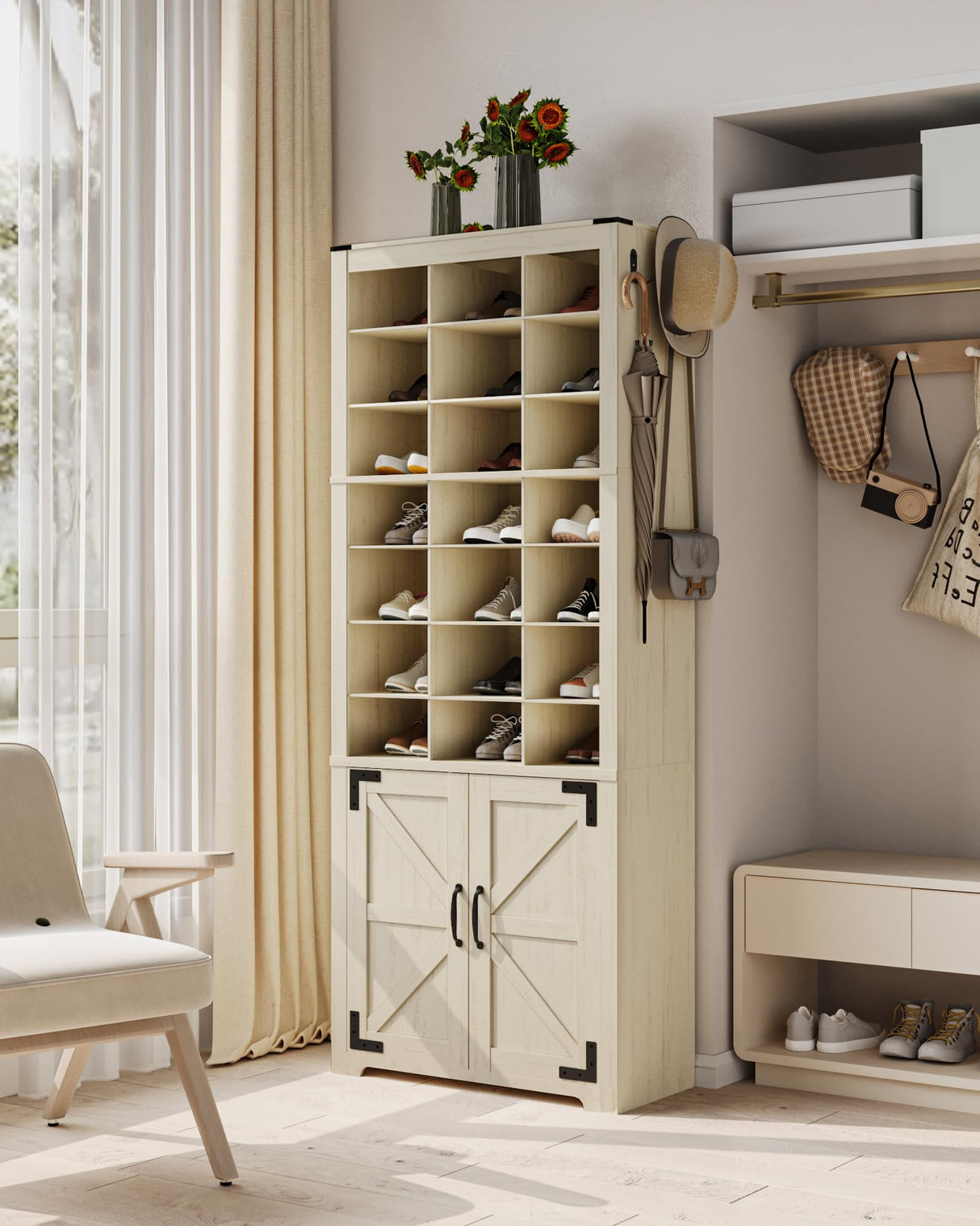 Hzuaneri Shoe Storage Cabinet with Doors, 30 Pairs Free Standing Closet Organizer, 8.8" Widened Cell Wood Shoe Shelves, 10 Tiers Vertical Shoe Rack for Entryway, Bedroom, Rustic White SR20914X Hzuaneri