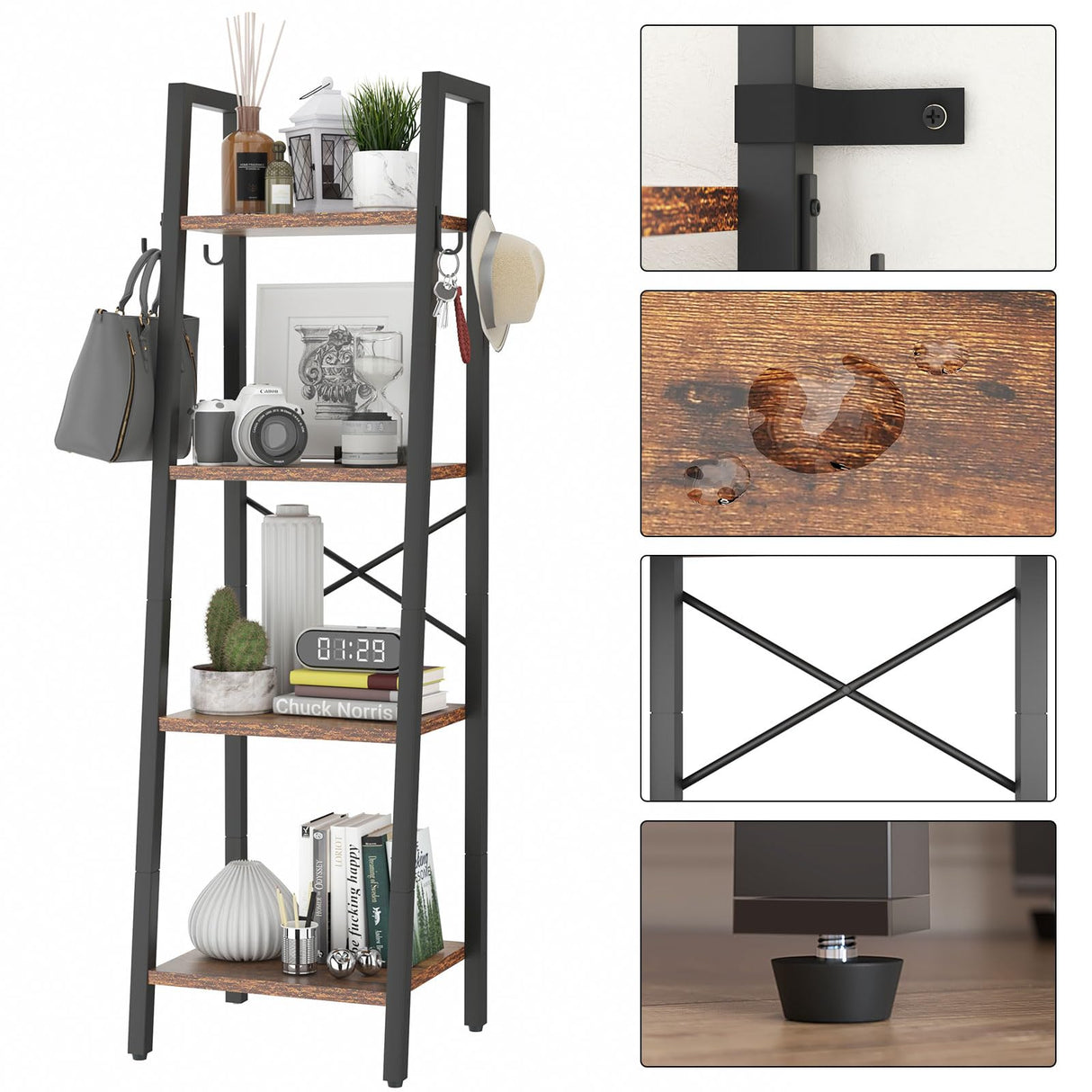 YMYNY 4 Tiers Ladder Bookcase, Industrial Narrow Bookshelf, Open Display Rack with 4 S Hooks, Metal Storage Shelves for Bedroom, Home Office, Living Room, Rustic Brown, 49.2H*13.4L*11.8W, UHBC024H YMYNY