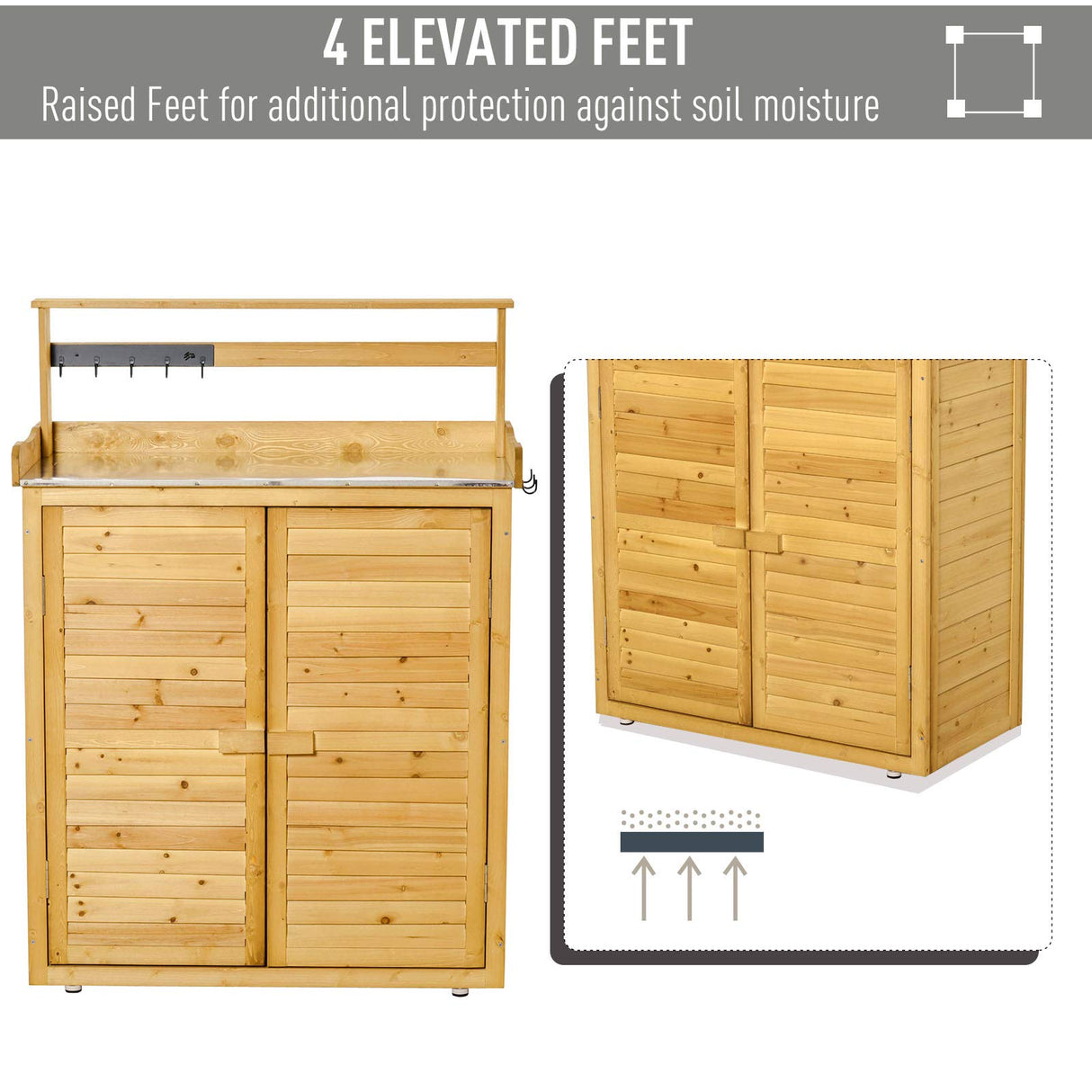 Outsunny Garden Potting Bench Table Wooden Workstation Shed with Tabletop, Hooks, 3-Tier Shelves Cabinet and 2 Magnetic Close Doors Outsunny