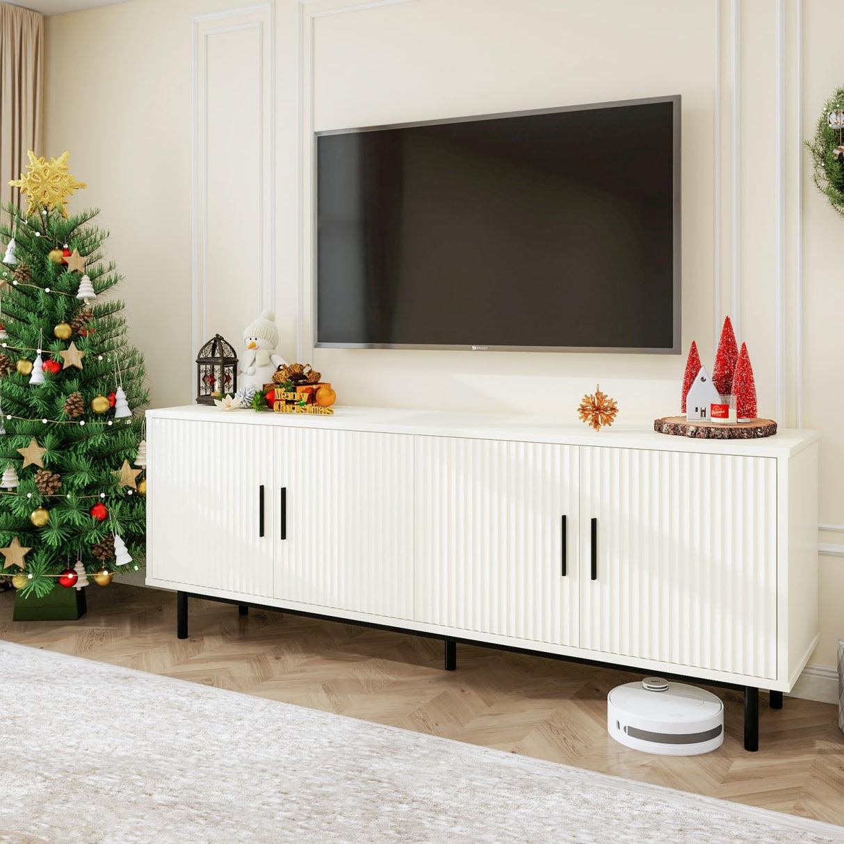 MUUEGM 70" Fluted TV Stand, Mid Century Modern Television Stands for Living Room, Wood TV Console for Televisions Up to 80 Inches, Entertainment Center with Storage, Adjustable Shelf, White TV Stands MUUEGM