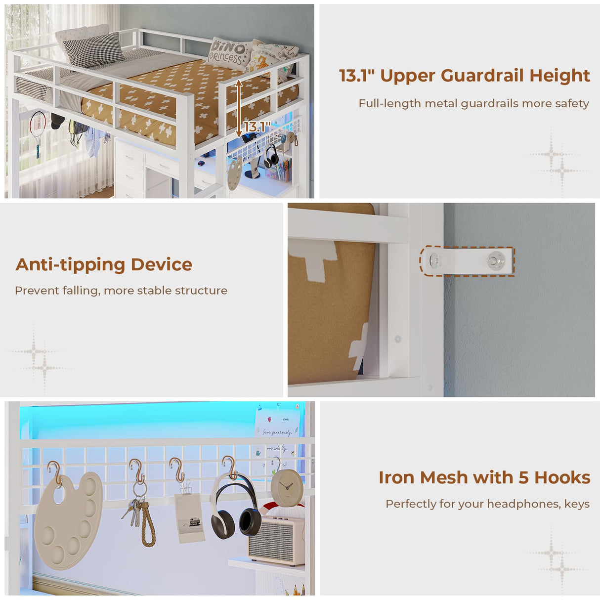 BTHFST Loft Bed with Desk, Full Metal Loft Bed with 8 Drawers Storage & Charging Station & LED Lights, 4 Open Storage Shelves, Noise-Free, Space-Saving, No Box Spring Needed BTHFST