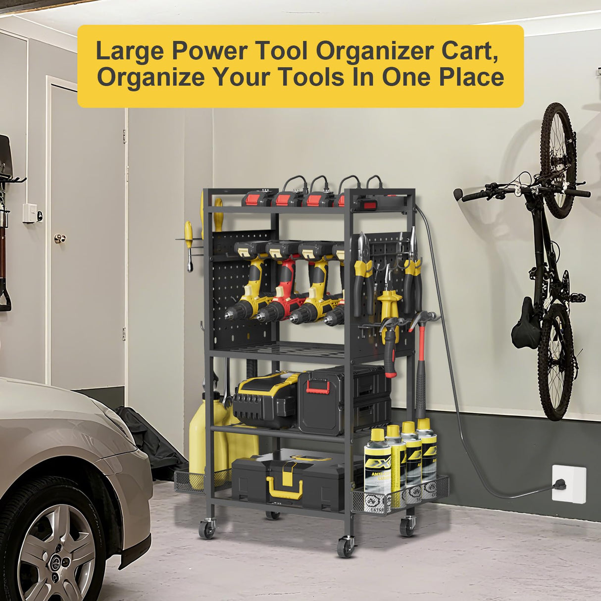 Power Tool Organizer Cart with Charging Station, Heavy Duty Garage Tool Organizer Rolling Tool Battery Storage with 8-Outlet Power Strip, 4 Wheels, 2 Hanging Baskets, 8 Hooks, Drill Bit Holder, Black NEYCIL
