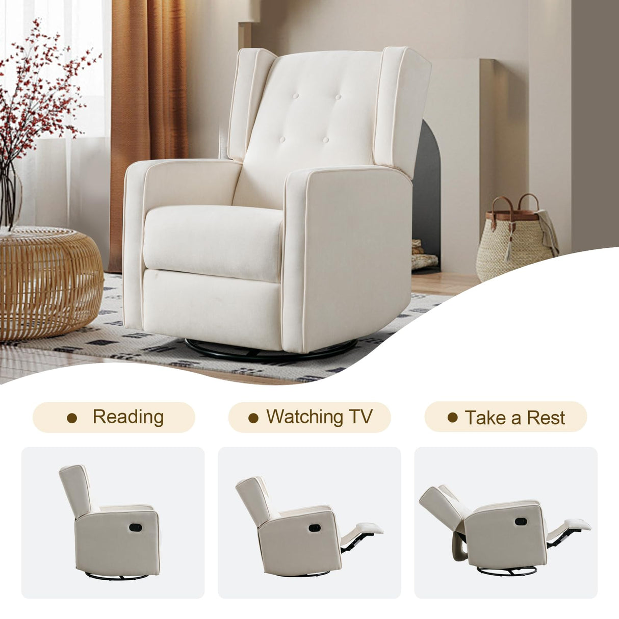 CANMOV Swivel Rocker Recliner Chair, Rocking Chair Nursery Glider Recliner, Manual Glider Chair for Nursery, White CANMOV