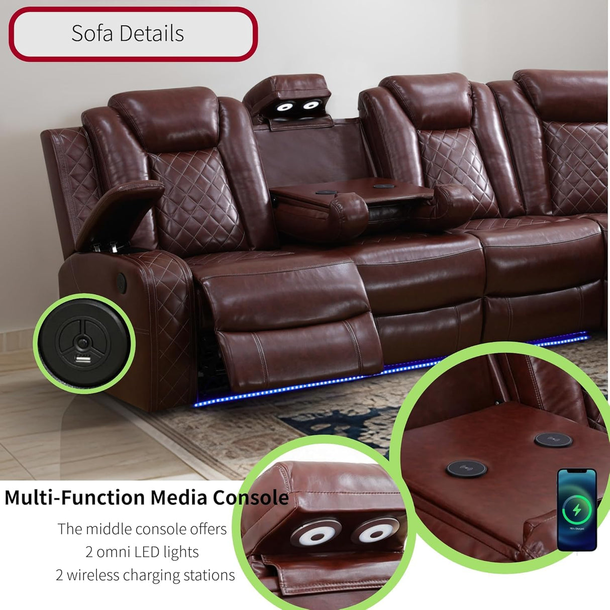 Power Recliner Sofa Sectional Sofa with LED Light for Living Room, Air Leather Reclining Corner Sectional Sofa Set, Cup Holder, Storage Console for Home Theater Seating (Burgundy, Sectional+Chair) AYCP Furniture