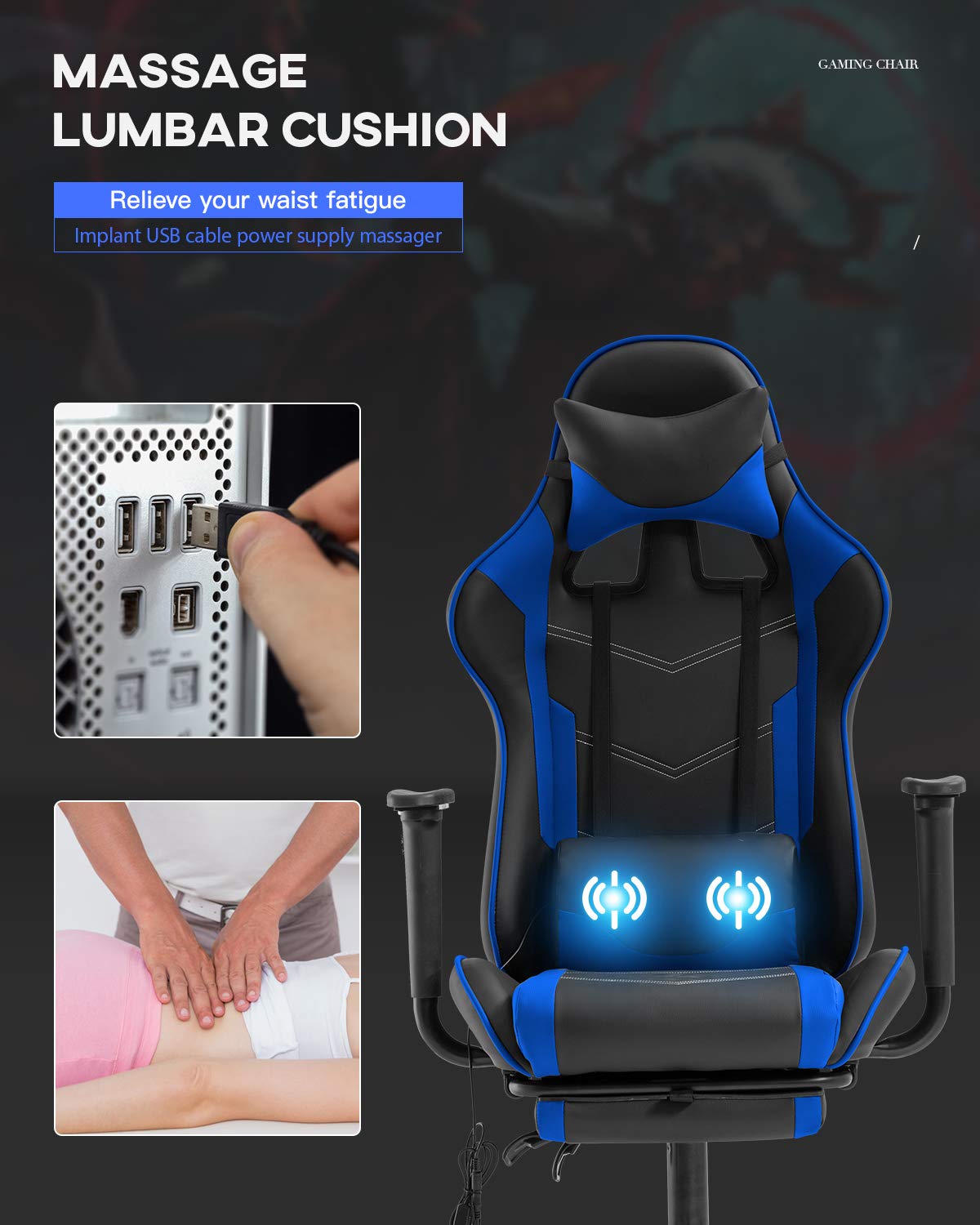 Gaming Chair Office Chair Desk Chair Massage PU Leather Recliner Racing Chair with Headrest Armrest Footrest Rolling Swivel Task PC Ergonomic Computer Chair for Back Support, Blue BestOffice