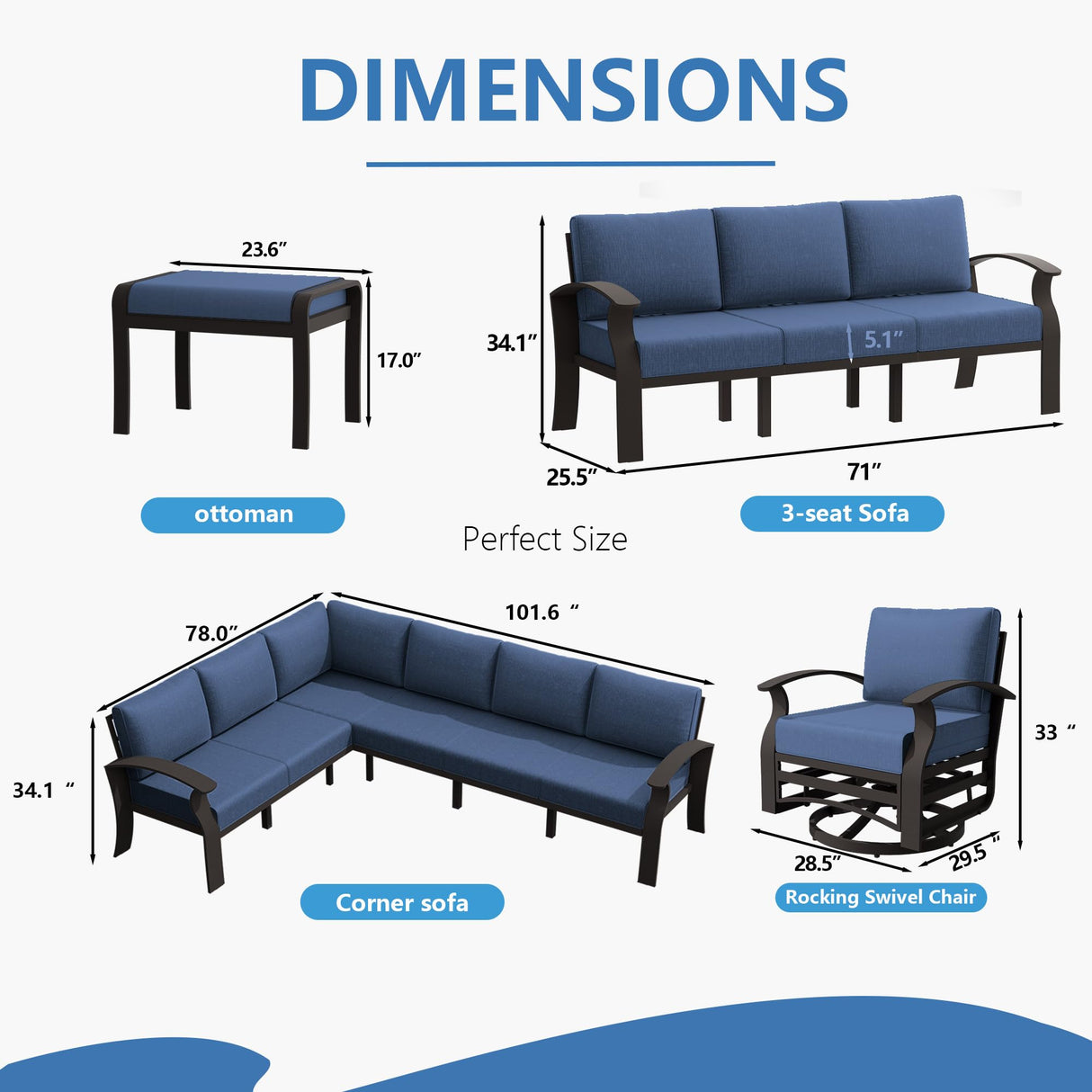 RTDTD Aluminum Patio Furniture Set, 10 Seats Outdoor Patio Conversation Set with Swivel Chair Modern Metal Patio Sectional Sofa with Coffee Table for Patio, Backyard(Navy Blue). RTDTD