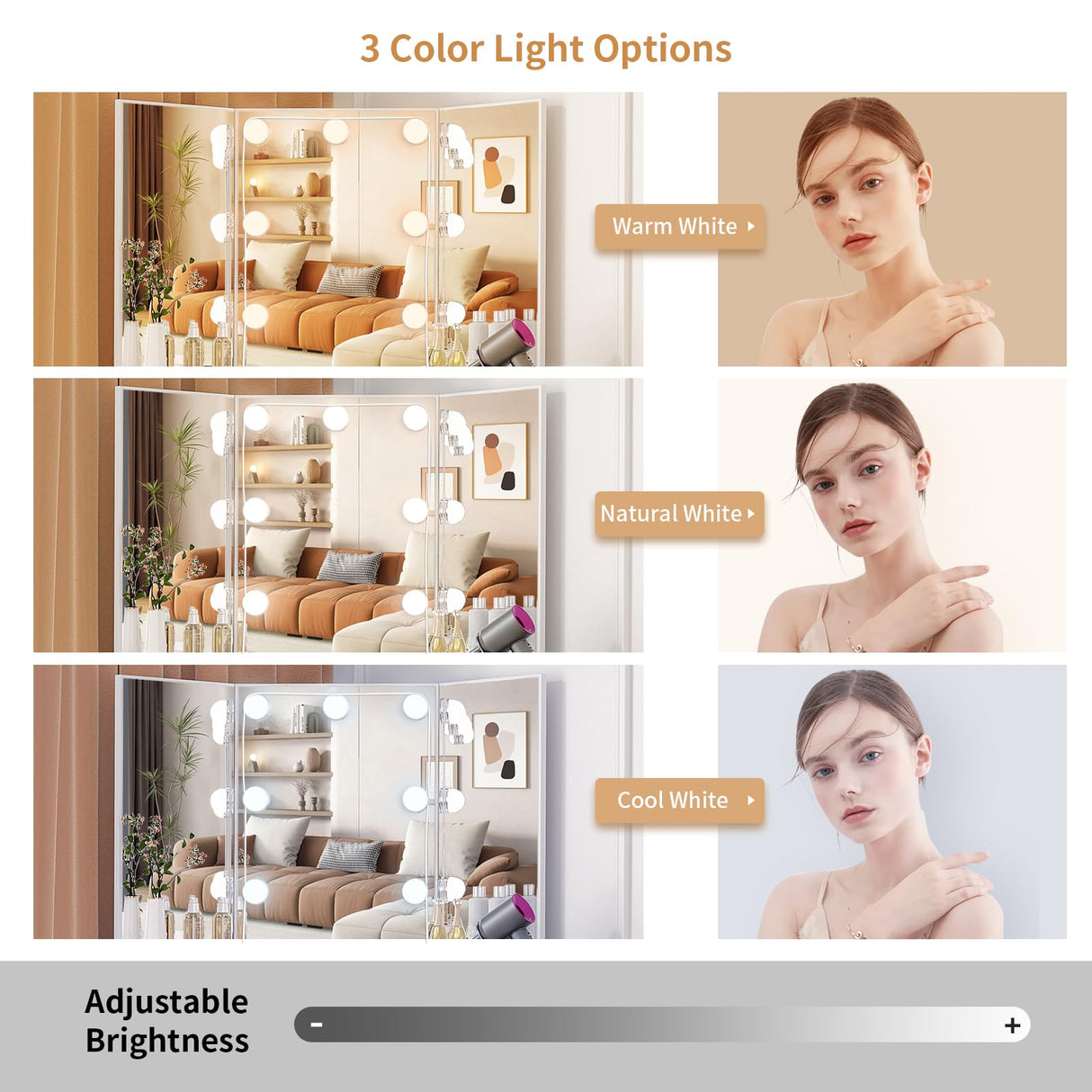 VOWNER Vanity with Lights - Makeup Vanity Desk with Power Outlet, 3 Color Lighting Options Brightness Adjustable, Vanity Table with 5 Sliding Drawers, Shelves and Stool for Bedroom, White VOWNER