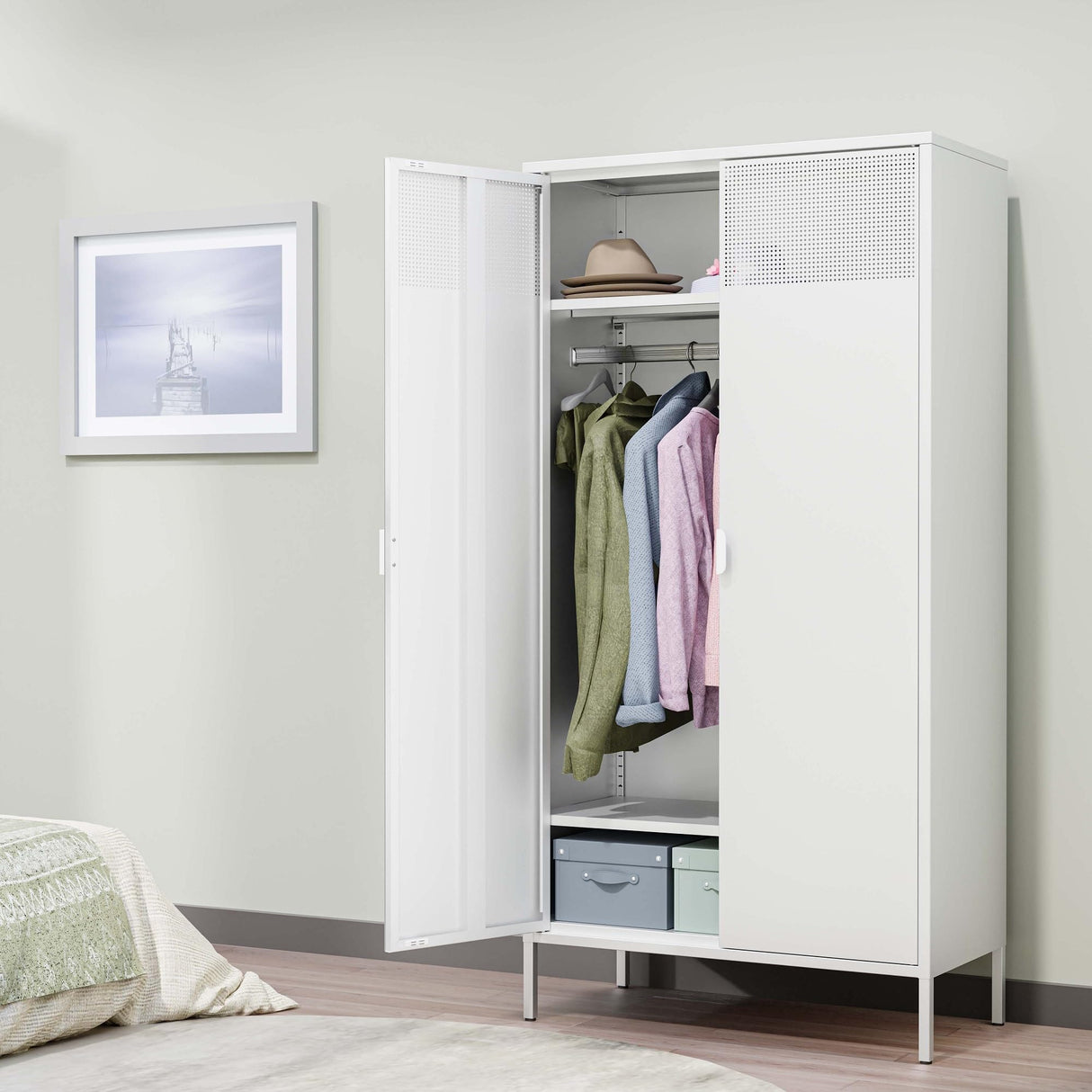 Ustamio White Metal Wardrobe Cabinet with Hanging Rod, Metal Armoire Wardrobe Closet with Doors for Bedroom, Office, Laundry Room and Changing Room, Metal Locker Cabinet Ustamio
