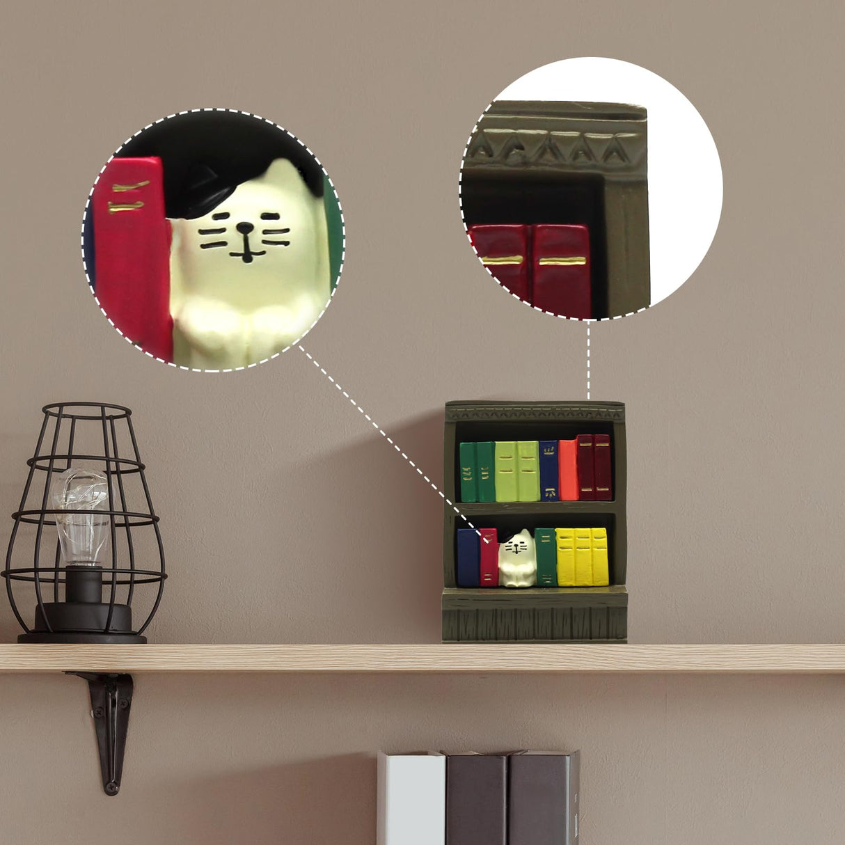 RAQWI Cute Mini Bookshelf Figurine for Living Room, Shelf Decor With Cat Design for Cat Lovers RAQWI