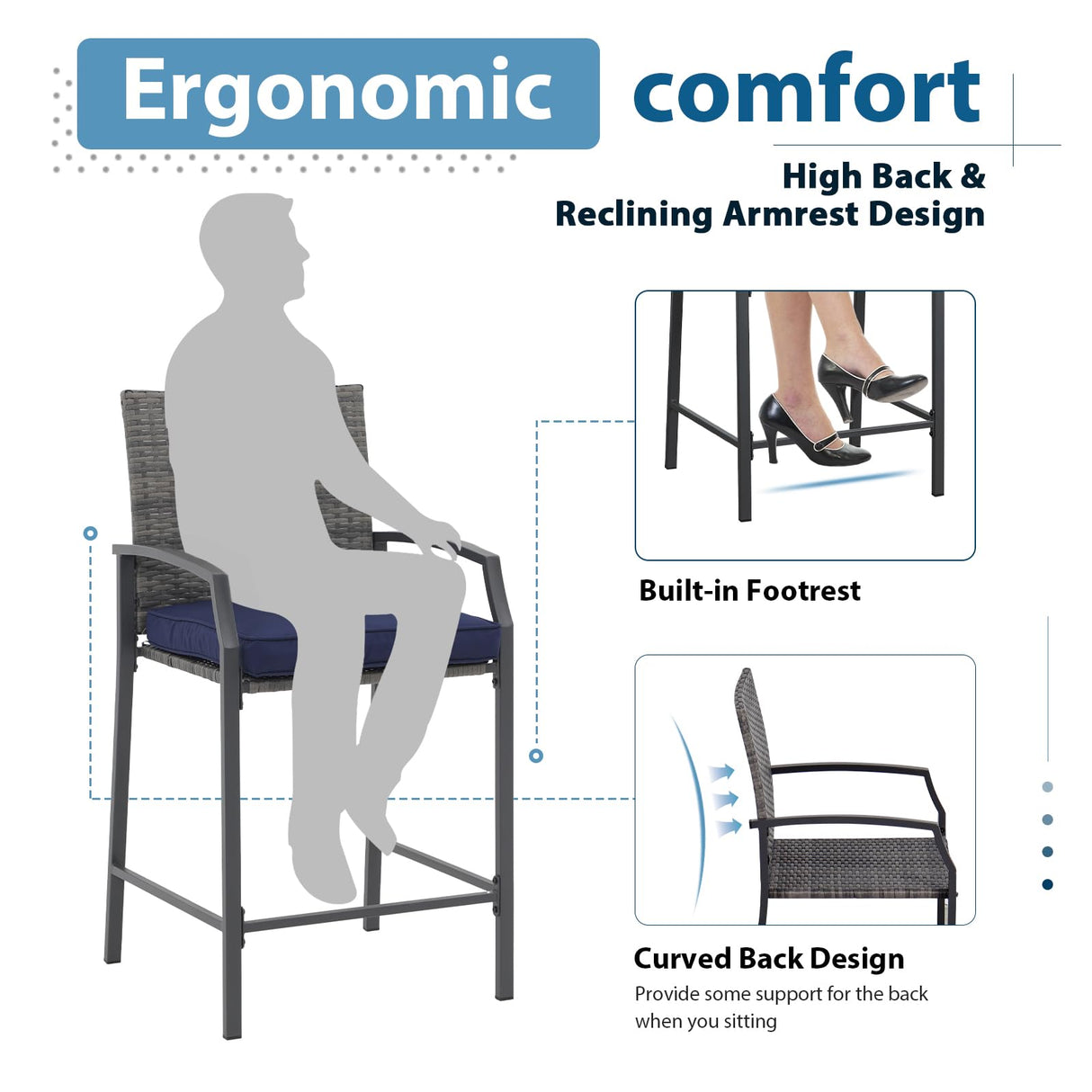 JOIVI 3 Piece Patio Bar Set, Outdoor Wicker Counter Height Bar Stools and Wood Top Table Set for 2 People, Bar Height Table Bistro Set with 2 Bar Chairs and Cushions for Backyard, Balcony JOIVI